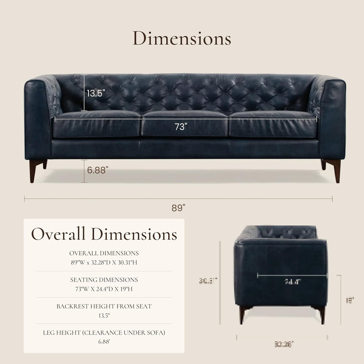 Poly & Bark Essex Leather Couch - 89-Inch Sofa with Tufted Back - Full-Grain Leather Sofa for Living Room with Feather-Down Topper - Living Room Couch - Vintage Italian Leather in Midnight Blue