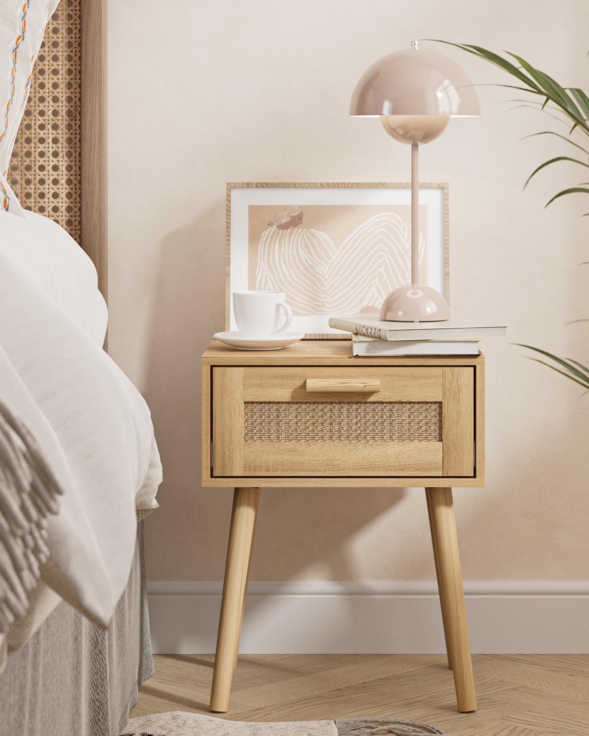 Rattan Nightstand, Small Night Stand, Side Table with Drawer Open Shelf, Cane Accent Bedside End Table with Wood Legs, Bohemian Wood Nightstand for Bedroom, Oak (Bohemian)
