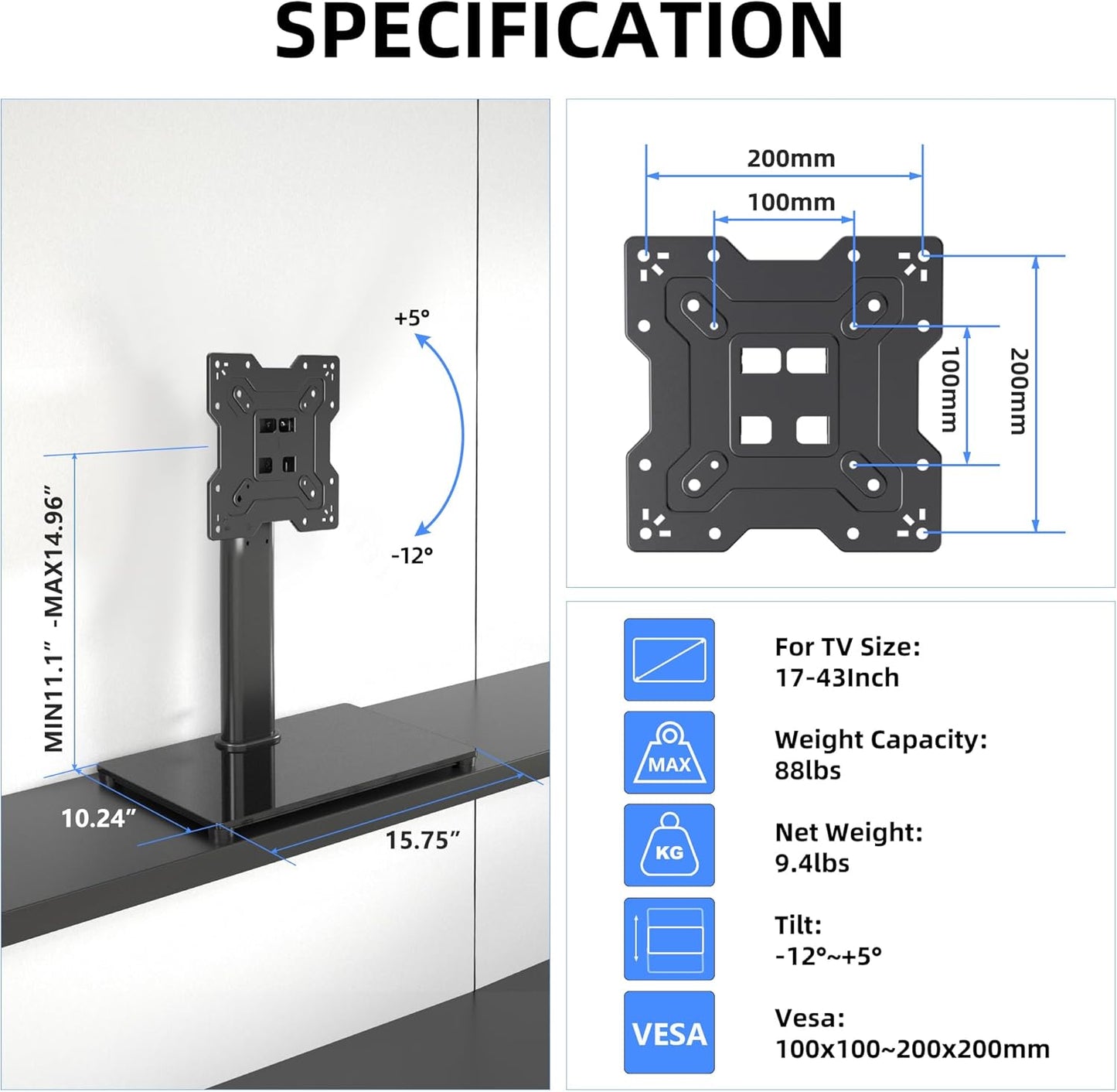 Universal TV Stand Base, Table Top TV Stand for 17-43 Inch LCD/LED TVs, Height Adjustable Monitor Mount Stand with Tempered Glass Base Holds up to 88lbs VESA 200x200mm, TS103