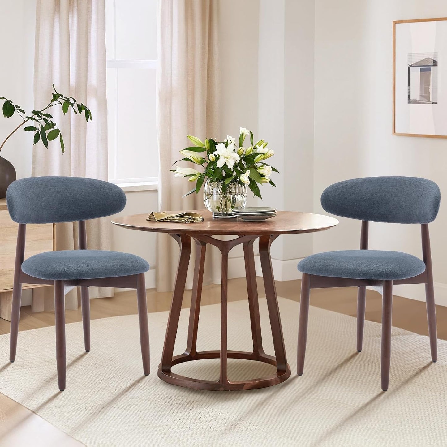 COLAMY Wooden Dining Chairs Set of 4, Modern Fabric Upholstered Kitchen Chairs, Farmhouse Dining Room Chair with Foot Pegs, Blue