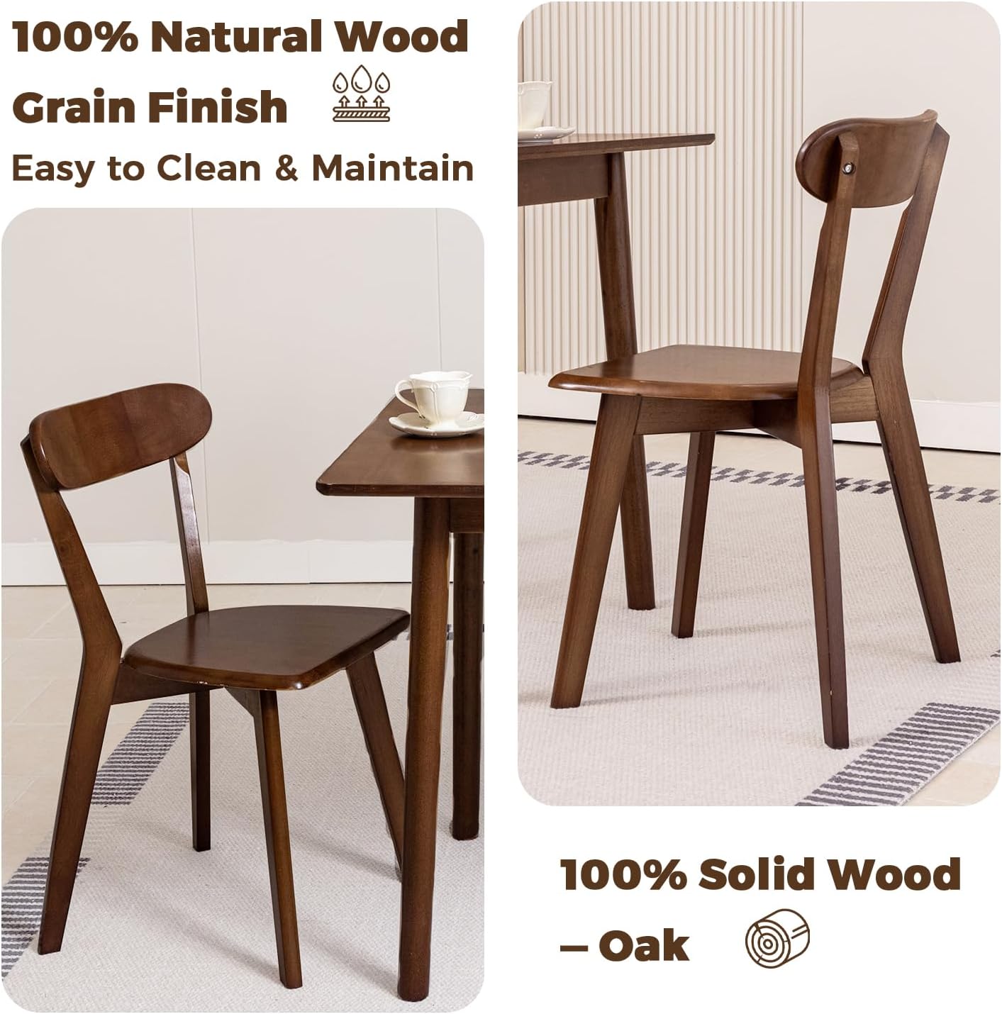 DELAVIN Soild Wood Dining Chairs Set of 2, Oak Wood Kitchen Chairs, Mid Century Modern Dining Room Chairs, Walnut