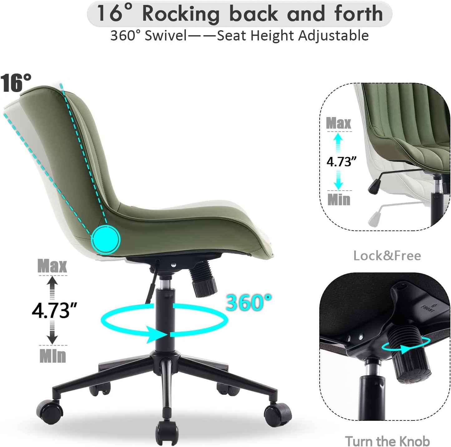 YOUNIKE Armless Home Office Desk Chair with Wheels Compact Comfy Vanity Chair with Adjustable Back Modern Small Leather Upholstered Rolling Swivel Cute Task Drafting Sewing Chair No Arms Olive Green