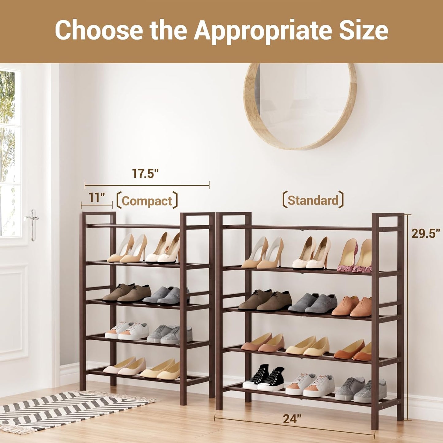 Haddockway Bamboo Shoe Rack for Closet, Free Standing Shoe Organizer with Smooth Round Rods & Convenient Handles, Stackable Shoe Storage Shelf for Entryway, Hallway(Brown, 5-Tier)