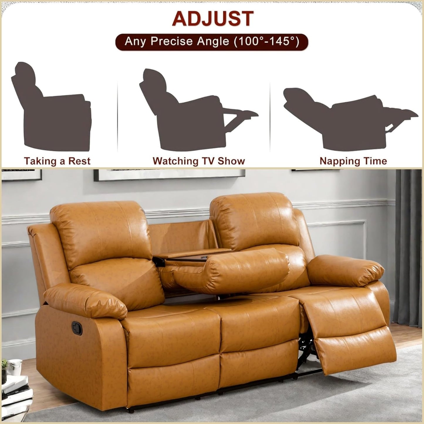 Leather Recliner Sofa Couch, 3-Seater Home Theater Seating Reclining Sofa, Power Reclining Couch with Cup Holders & Drop Down Table for Living Room Furniture Sets, Orange