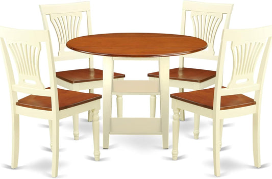 East West Furniture SUPL5-BMK-W 5 Piece Dining Room Table Set Includes a Round Kitchen Table with Dropleaf & Shelves and 4 Dining Chairs, 42x42 Inch, Buttermilk & Cherry