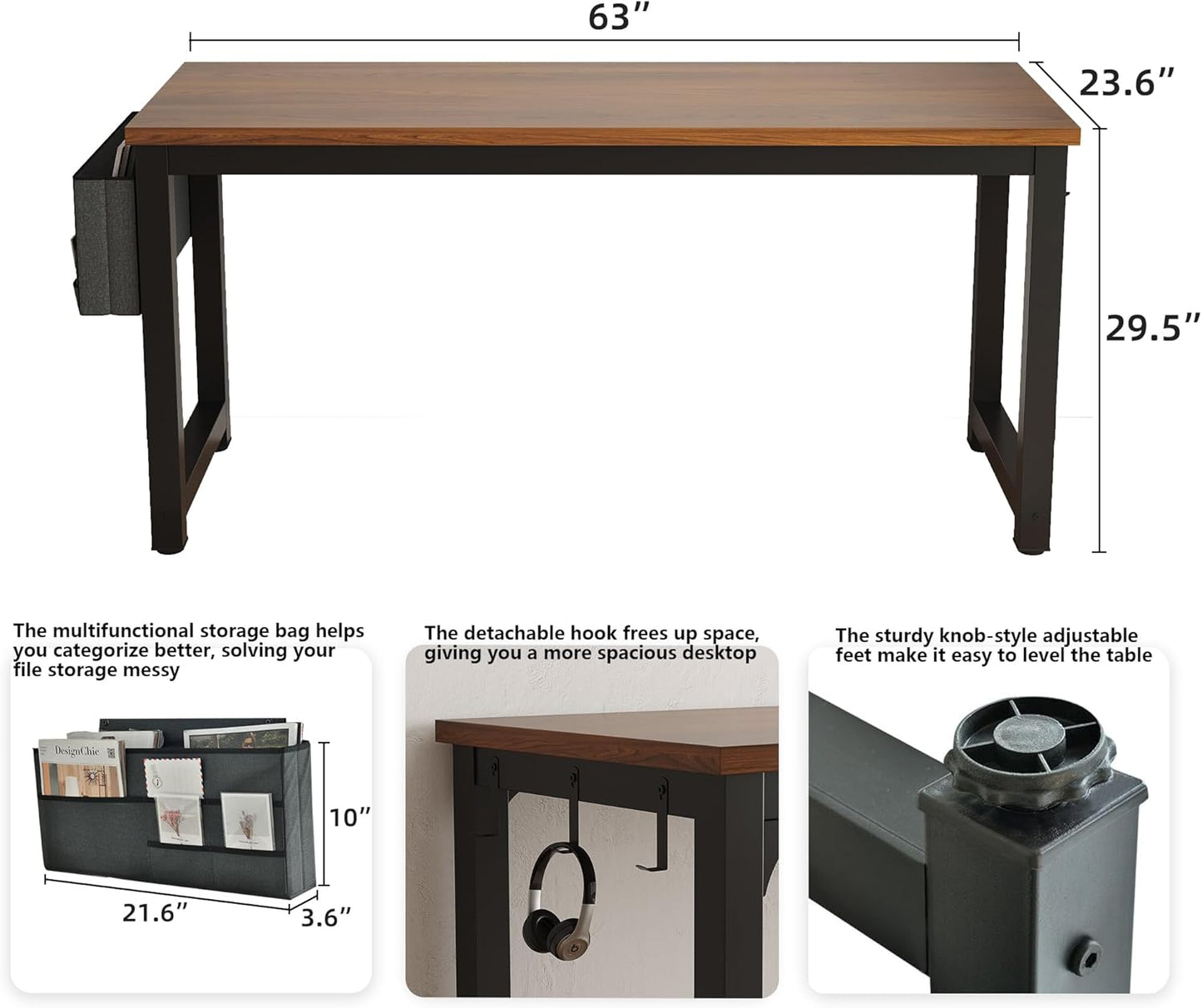 Large Computer Desk - 63 Inch Home Office Desks Study Student Writing Table Gaming Desk Wood Modern Simple Table with Storage Bag & Headphone Hooks, Brown