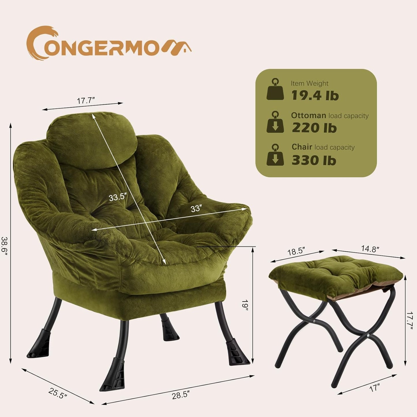 Lazy Chair with Folding Ottoman,Leisure Sofa Chair,Soft Fabric Armchair with Armrests and Side Pockets, Reading Chair with Footrest for Living Room, Bedroom, Office (Plush Green)