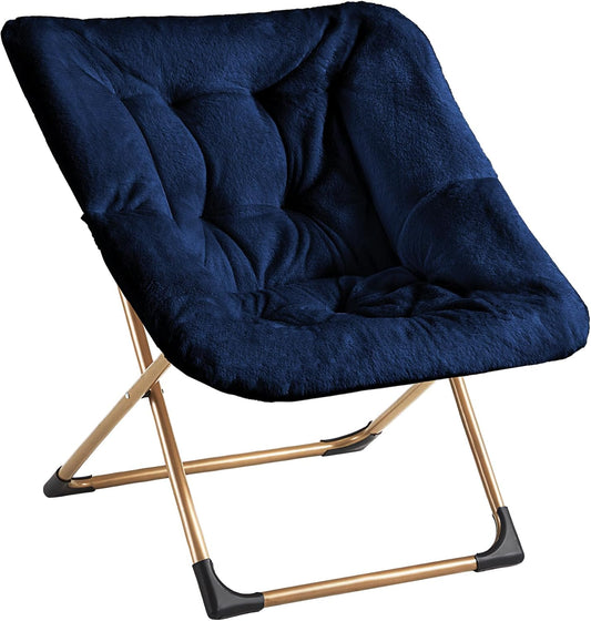 Comfy Oversized Saucer Chair, Soft Faux Fur Reading Lounge Chair for Adults, Stable X-Large Metal Frame and Non-Slip Pad, Foldable Cozy Chairs for Bedroom, Living Room, Dorm, Office, Blue