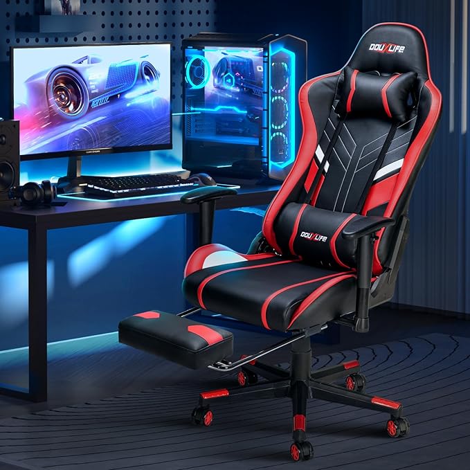 Douxlife 7-Point Massage Gaming Chair, 175° Gaming Recliner with Footrest Ergonomic Computer Office Chair High Back Video Game Chair with Lumbar Support, Upgraded Version, Red