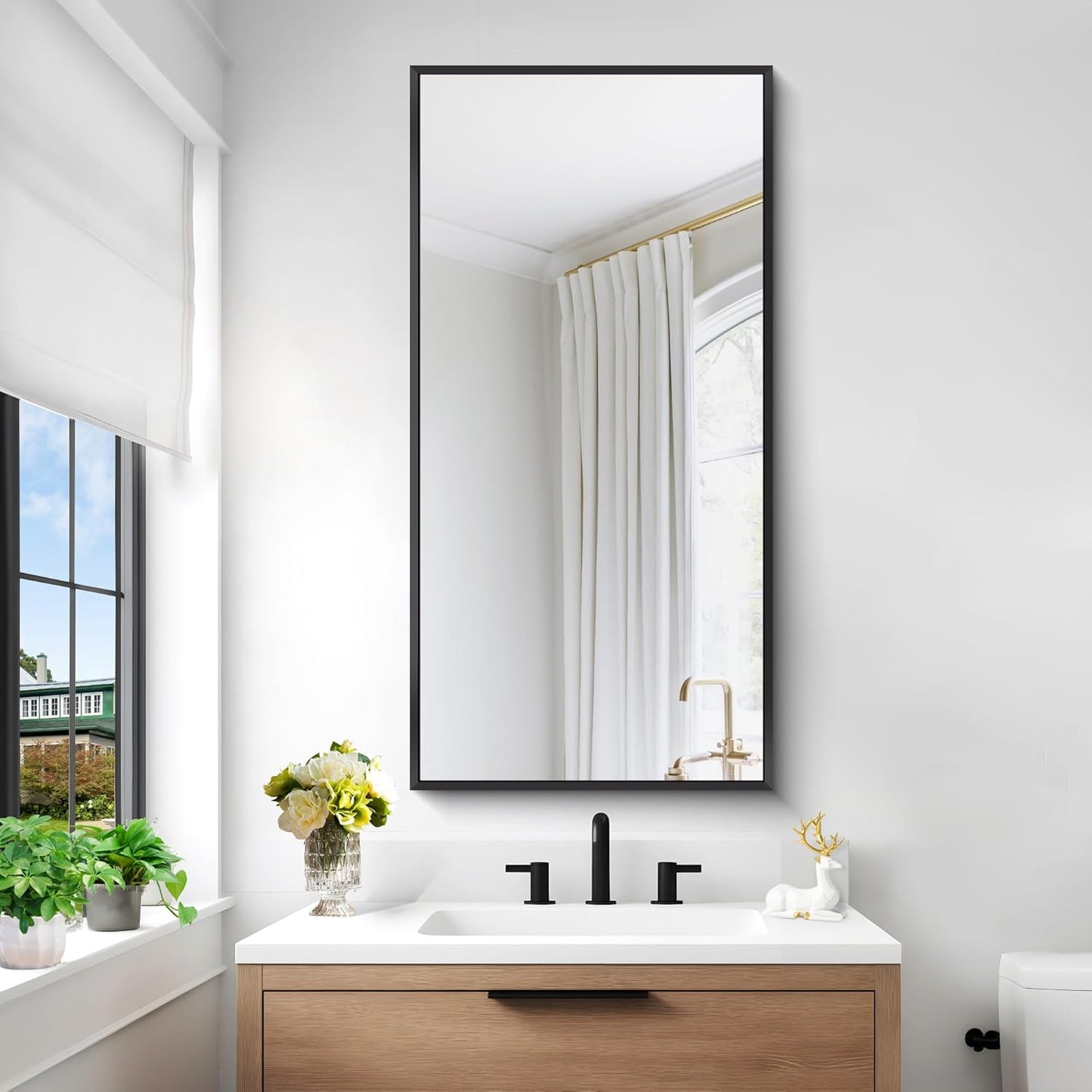 BONEWEI Bathroom Mirror,24x48 inch Wall Mirror for Bathroom Wall Mounted Black Rectangle Square Corner Mirrors, Black Bathroom Mirror for Living Room, Farmhouse, Bedroom Entryway, Horizontal/Vertical