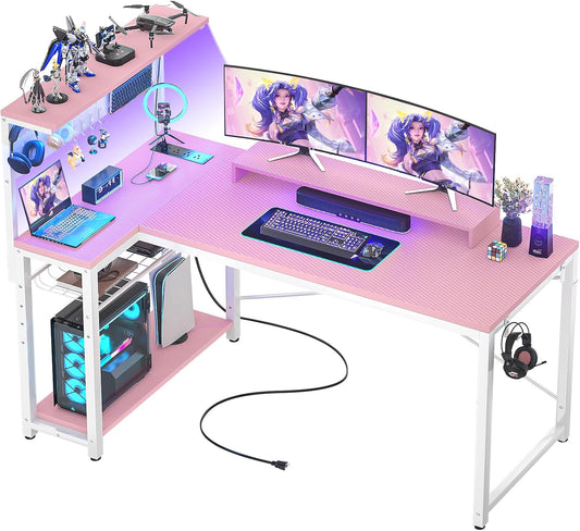 Homieasy Small Gaming Desk with Power Outlets Pegboard LED Light, 51 Inch L Shaped Computer Desk with Monitor Stand Storage Shelves, Reversible Corner Desk with Headset Hooks, Carbon Pink