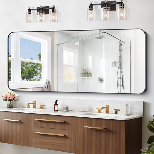 Large Bathroom Mirror, 72x30 inch Black Rectangle Mirror, Metal Frame Rectangular Vanity Mirror, Wall Mounted Mirror with Rounded Corner for Bedroom Living Room Hangs Horizontal Or Vertical