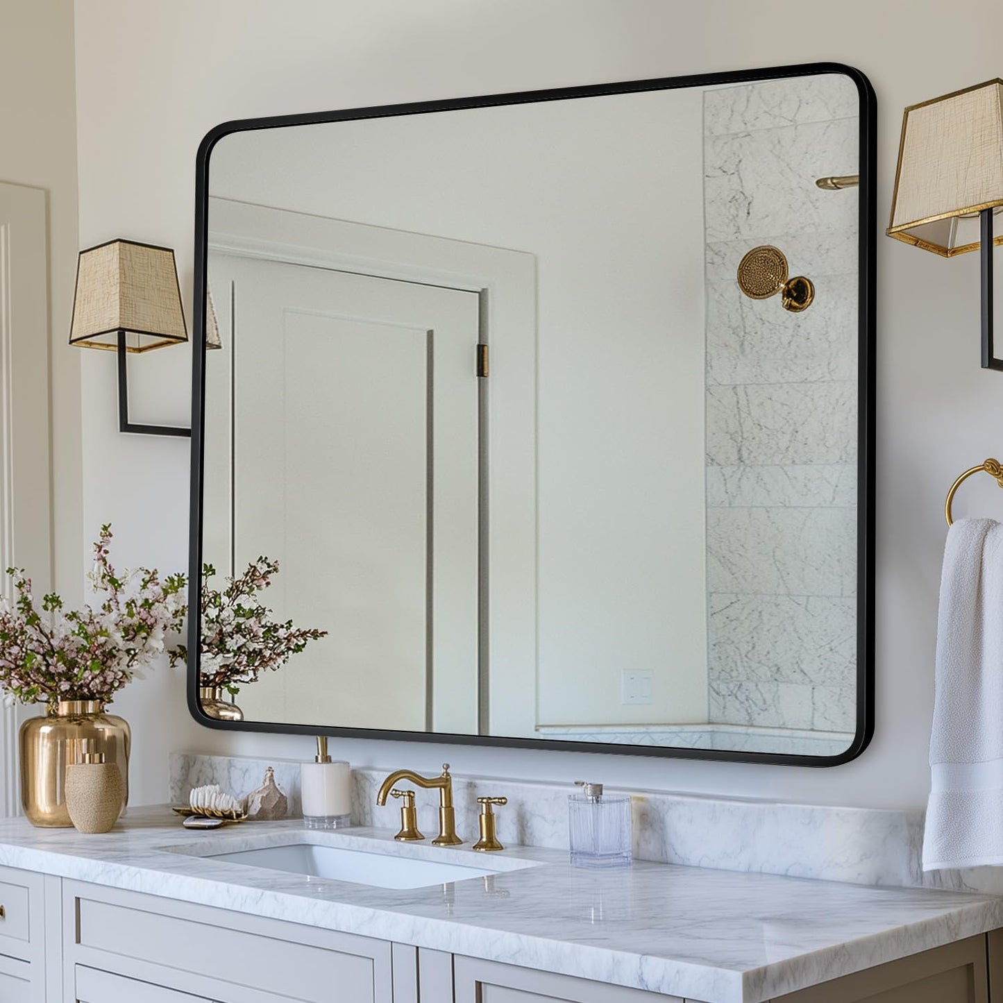 Bathroom Mirror, 40" x 30" Wall Mirror, Rectangular Aluminum Alloy Frame Contemporary Hanging Mirror for Living Room Bathroom Entryway, Black Rounded Corner