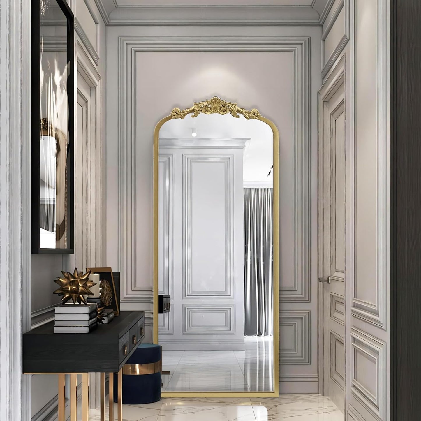 AIXI HOME Arched Gold Antique Full Length Mirror, 22"x65" Traditional Elegant Vintage Floor Body Mirror with Ornate Matel Frame, Baroque Inspired Home Decor for Bedroom/Living Room/Hallway