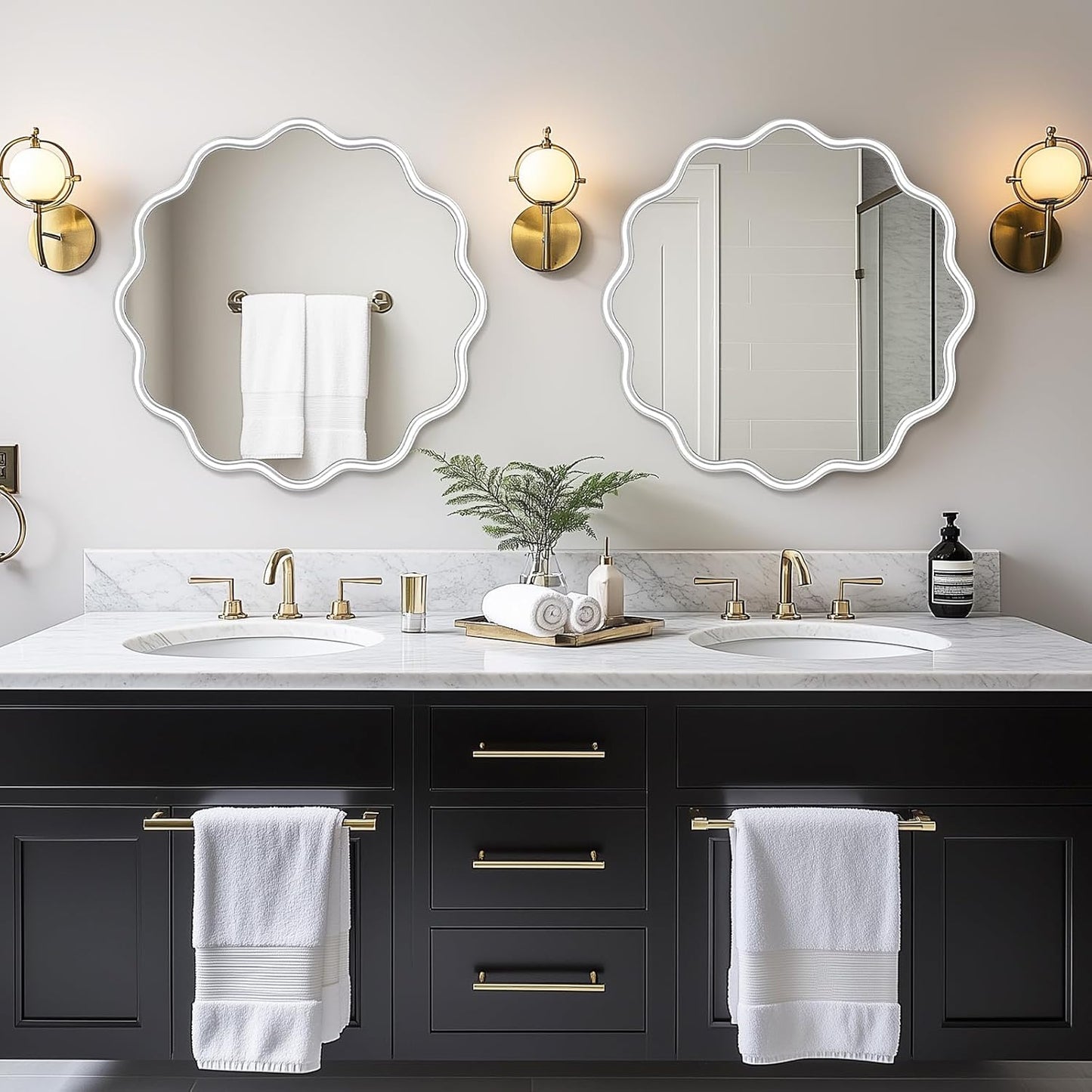 PROHOMEWARE White Round Mirror 24 Inch Wavy Bathroom Vanity Mirror White Frame Modern Wall Mirror Decorative Wall-Mounte Anti-Rust, Tempered Glass