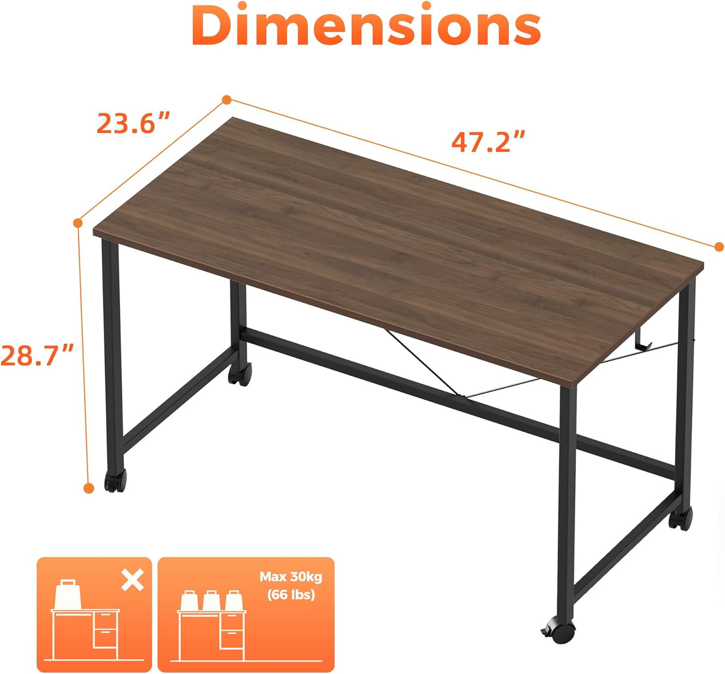 Rolling Computer Desk with Wheels, Gaming Desk for Small Spaces, Modern Simple Style Table for Home Office, Study Writing Table (Caster, Walnut, 48 inch)