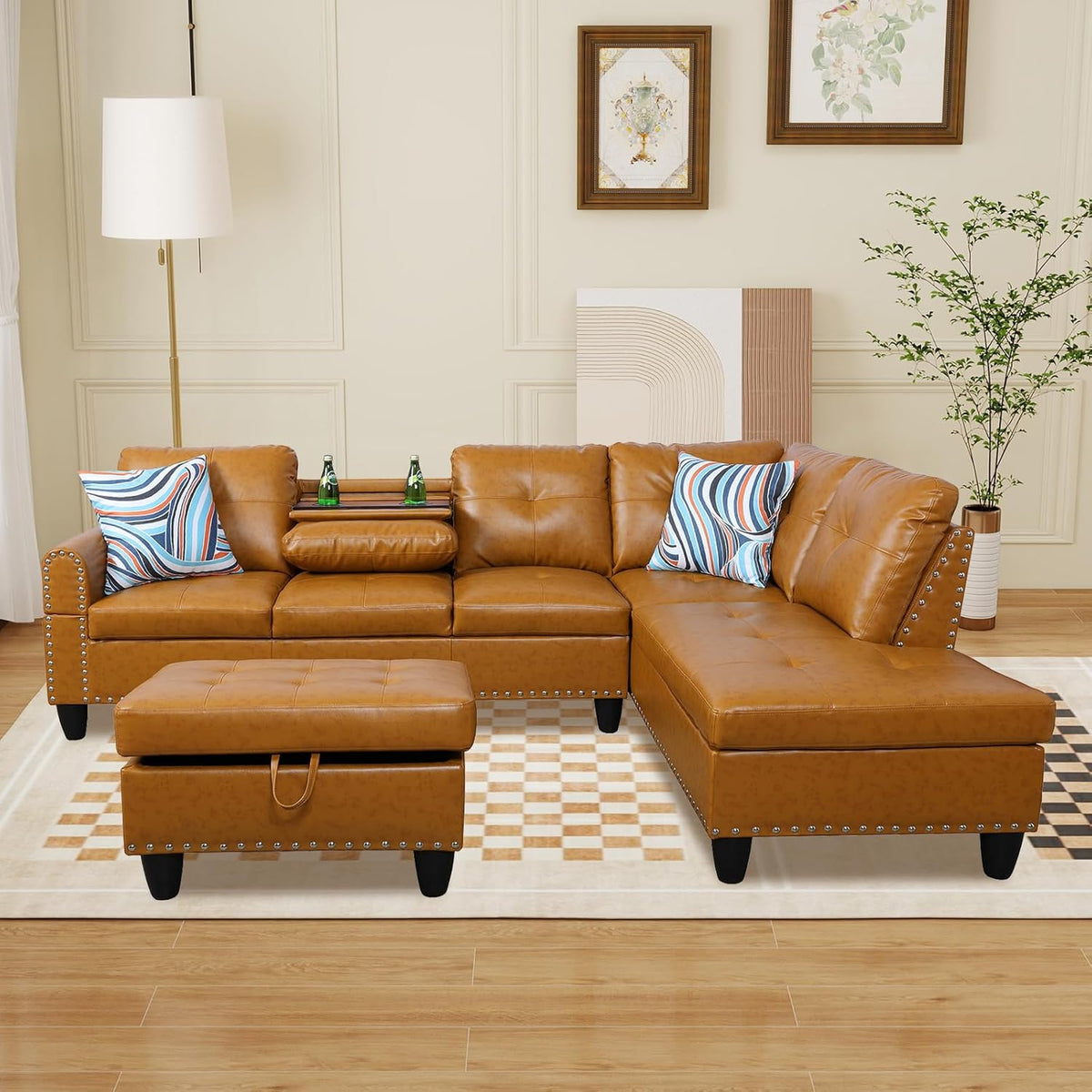 L Shaped Modular Sectional Sofa with Reversible Chaise Lounge, 5-Seater Corner Couch, PU Leather Convertible Sofá w/Movable Ottoman, Cup Holders, 2 Pillows and Rivet Ornament for Living Room