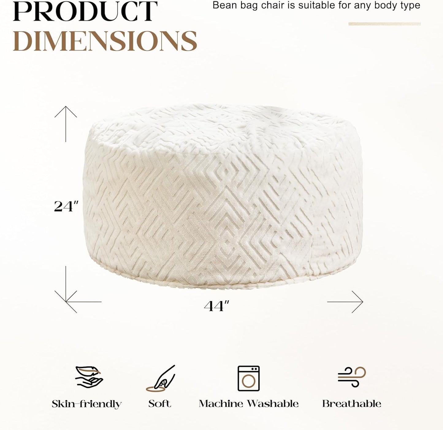 Hobestluk Bean Bag Chairs Adults Beanbag Chair with Filler Large Bean Bags with Fluffy Embossed Cover, Giant Bean Bag Chairs for Adults (White, 4FT - 44” x 44” x 24”)