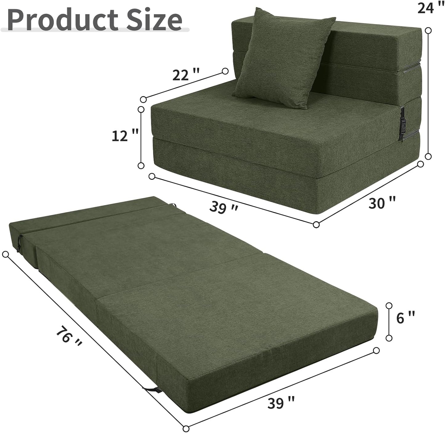 Folding Sofa Bed, High-Density Memory Foam Sofa Bed with a Fluffy Pillow, Folding Floor Couch Guest Bed, Twin Size, Green
