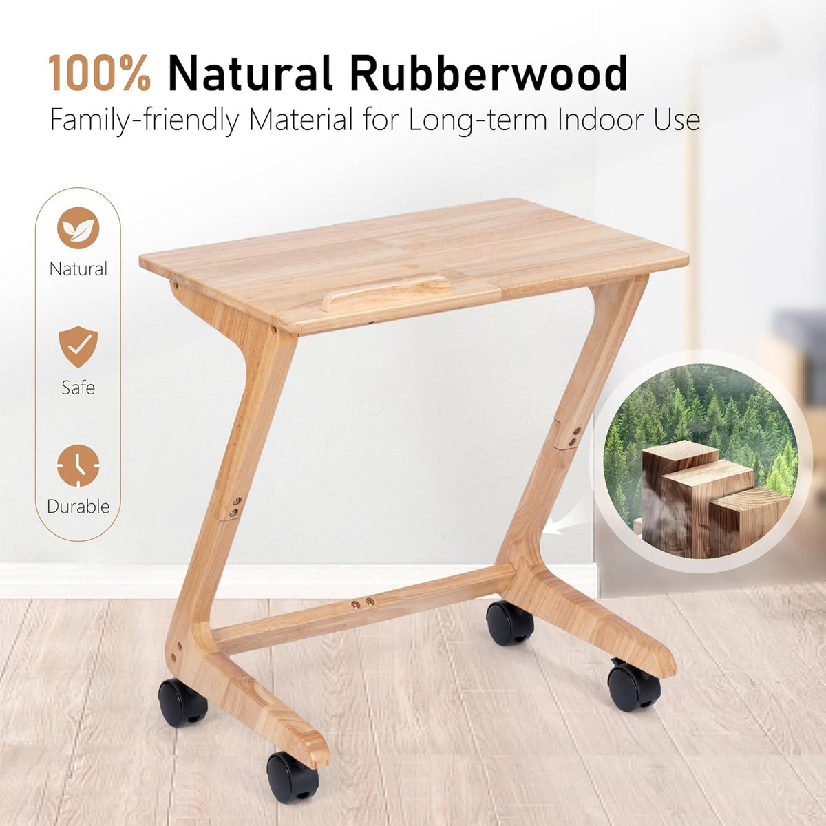 TV Tray Table, TV Dining Table with Casters for Small Spaces, Solid Wood End Table, Sofa Couch Side Table Removable Snack Tray for Coffee Bed Sofa Eating Writing Reading Living Room Bedroom
