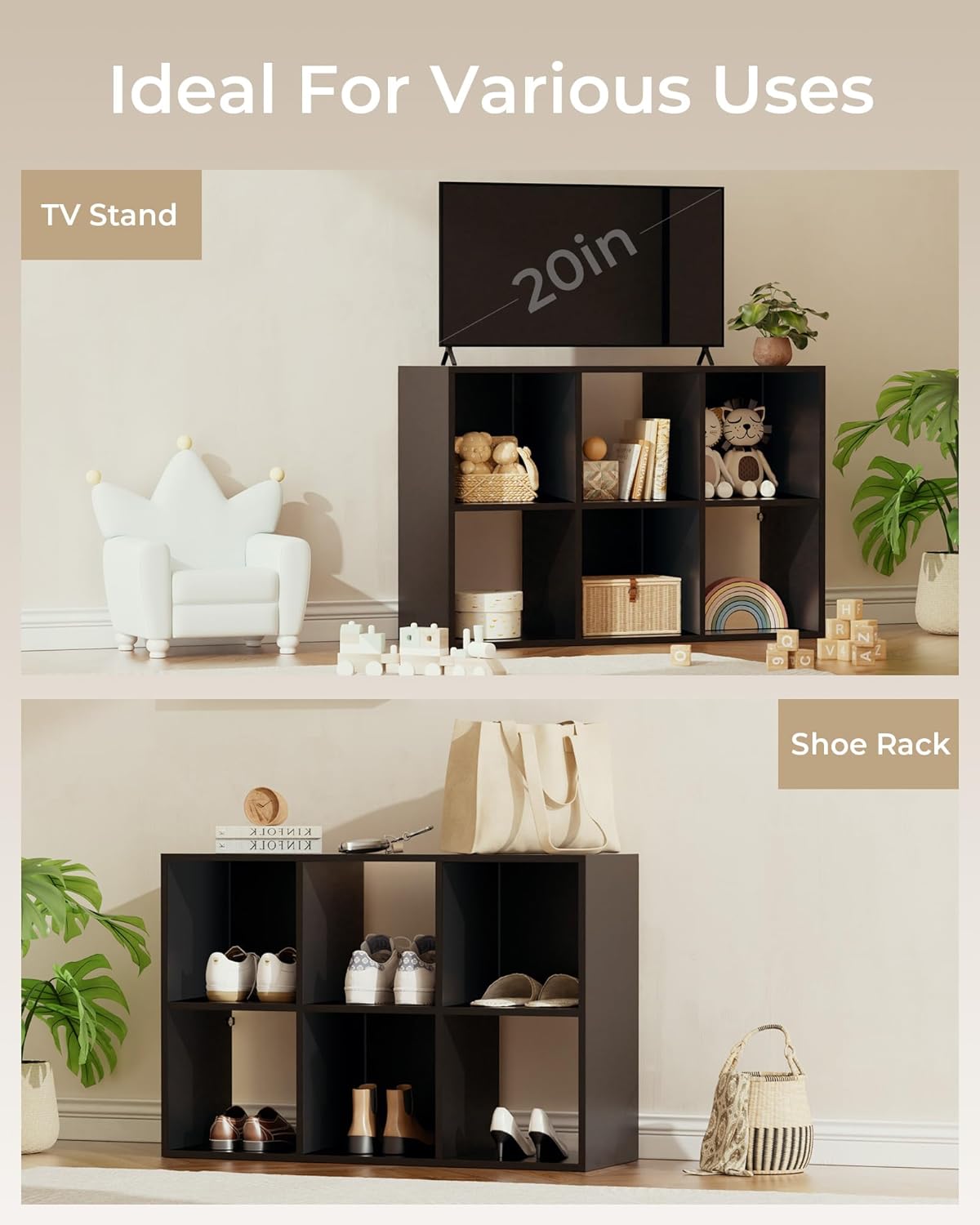 GTPLAYER 6-Cube Storage Organizer, Fits 11" Bins, Vertical or Horizontal Use, Opening Bookshelf, Partial Back Panels, Stackable Design Bookcase, for Closet, Bedroom, Home Office, Black