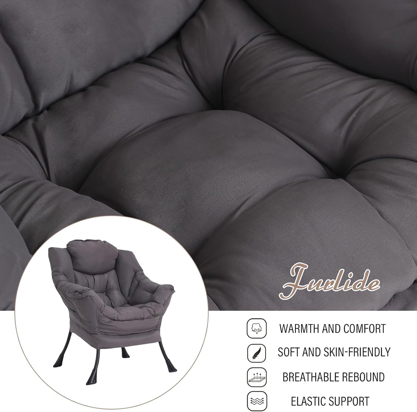 Lazy Chair for Living Room, Modern Accent Chairs with Armrests, Comfy Lounge Chair with Side Pocket, Cozy Lazy Sofa for Reading, Balcony, Bedroom, Dorm, Small Spaces (Dark Grey)