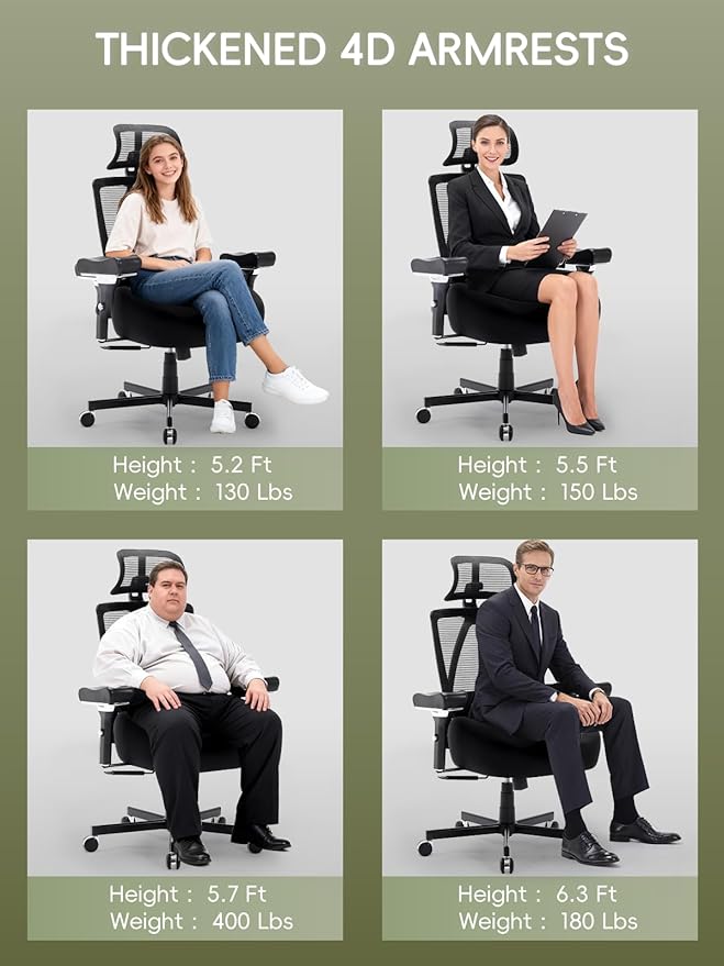 Office Chair 500lbs, Ergonomic Desk Chair with W Thick Cushion & 4D Armrest, Executive Mesh Desk Chair with Adjustable Lumbar Support, 2D Headrest, Swivel Task Chairs for Home Office Gaming, Black