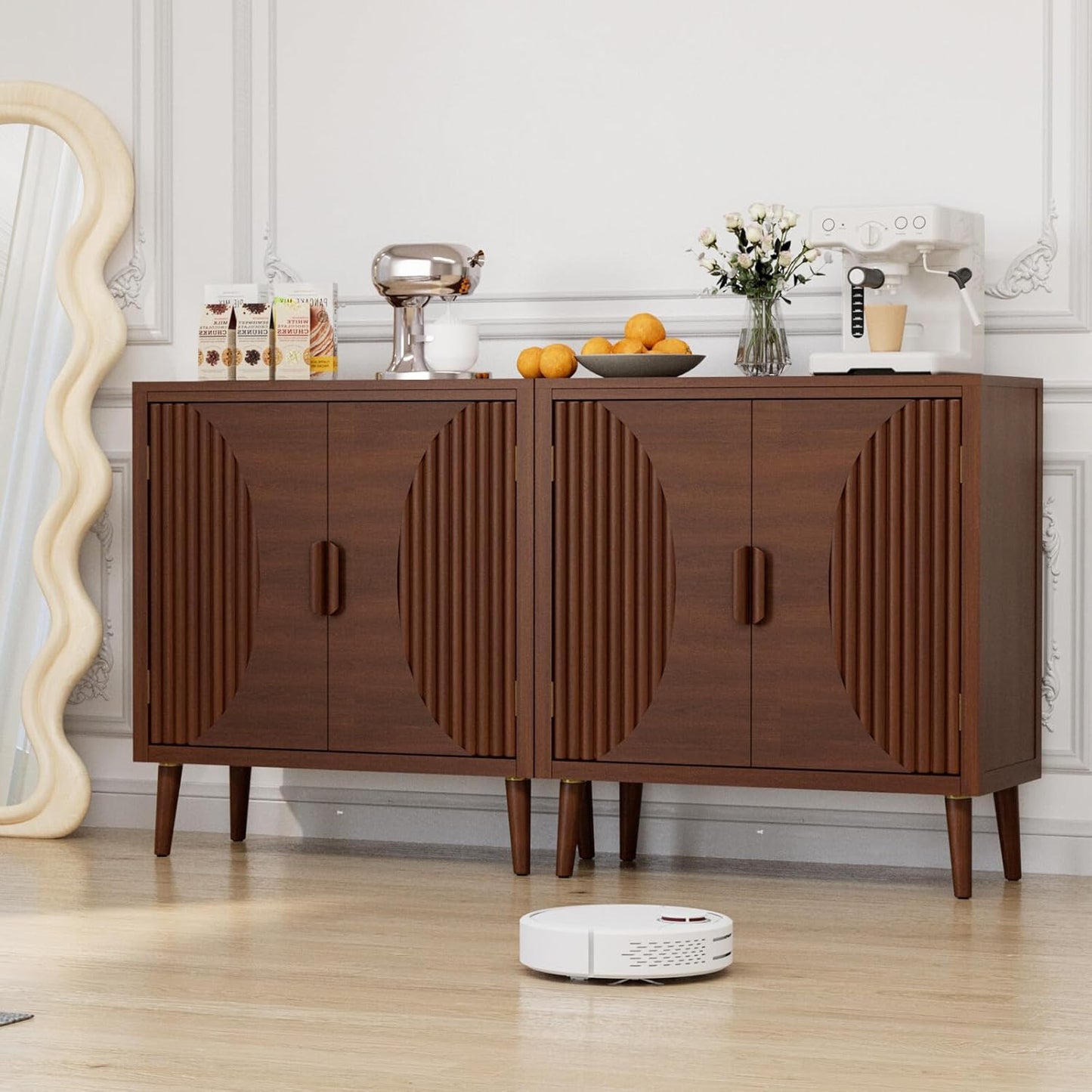 COSIEST 30" W Storage Cabinet with Doors and Shelves, Mid-Century Cabinet with Adjustable Shelf, Accent Sideboard for Kitchen, Dining Room, Living Room, or Hallway (Brown, Line Pattern)