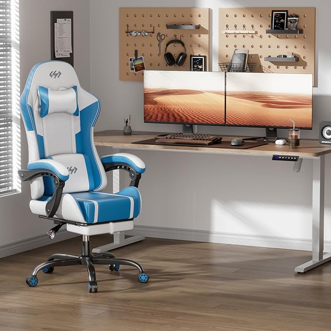 HLDIRECT Gaming Chair, Ergonomic Video Game Seat with 360° Swivel & Lumbar Massage, Computer Chair PU Leather Cushion for Adults Home/Office Use (Whtie & Blue)