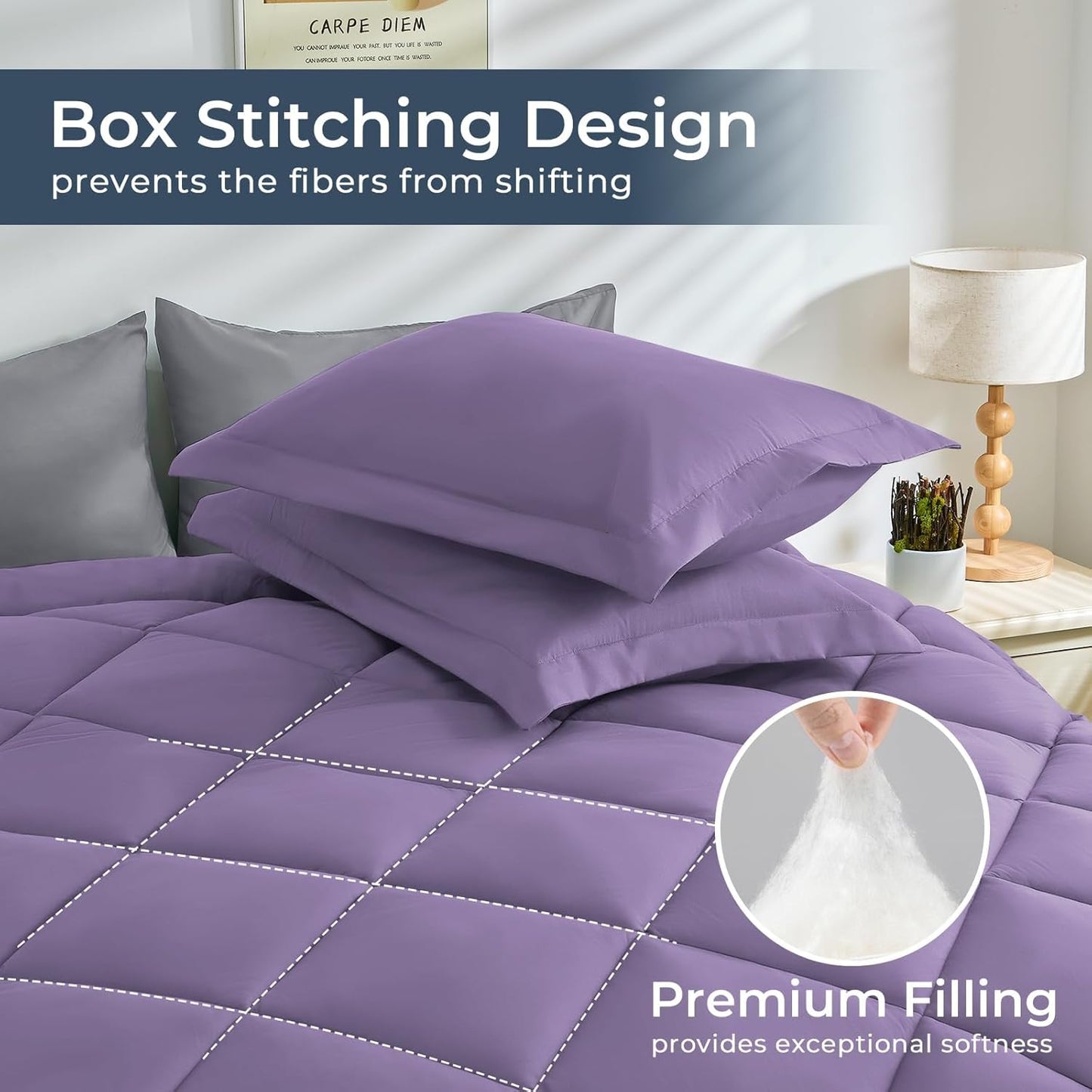 HEVUMYI Queen Comforter Set - 7-Piece All Season Bed in a Bag Queen, Ultra Soft Bedding Set with Comforter, Flat Sheet, Fitted Sheet, Pillowcases, Pillow Shams, Purple & Light Grey