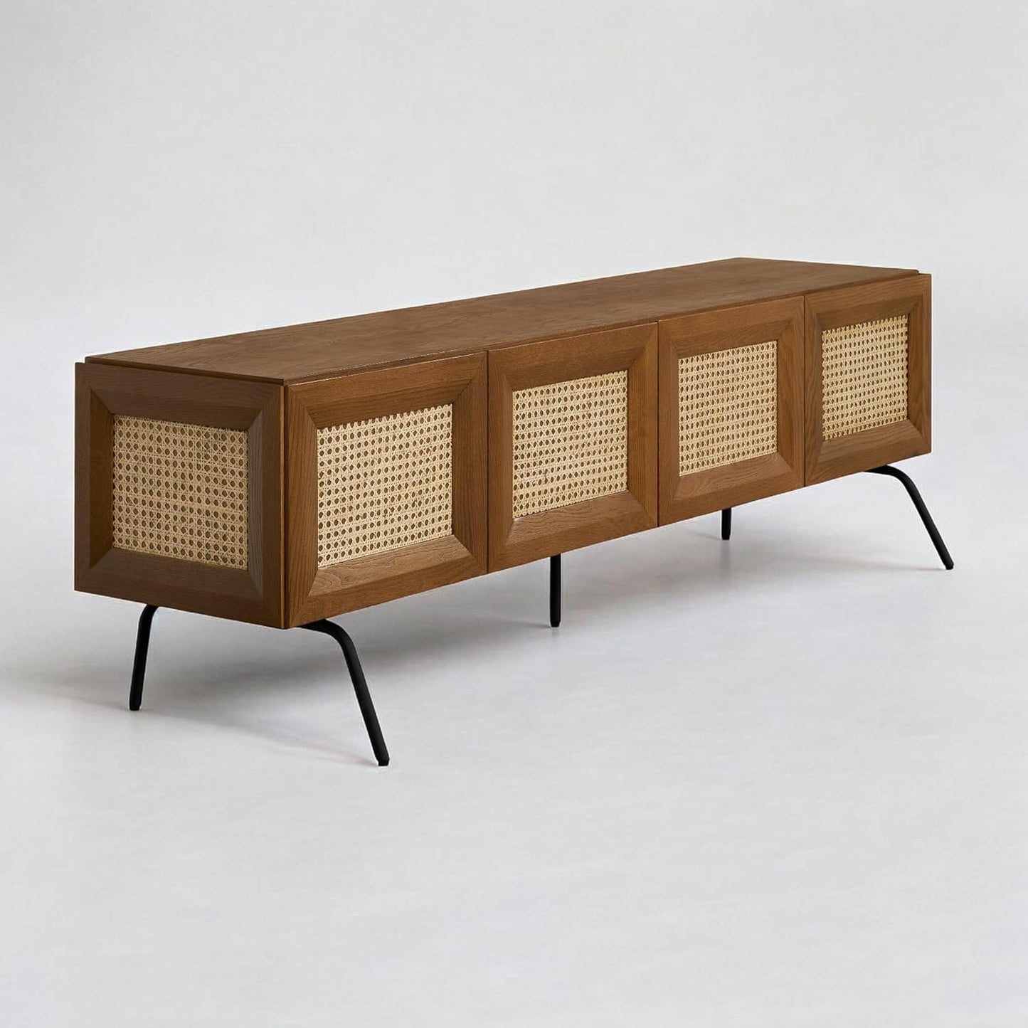 NTC Mossic TV Media Cabinet with 4 Doors for TVs, Entertainment Center with Natural Rattan, Metal Legs, Modern Storage Console for Living Room and Bedroom, Effortless Assembly, Rustic Oak