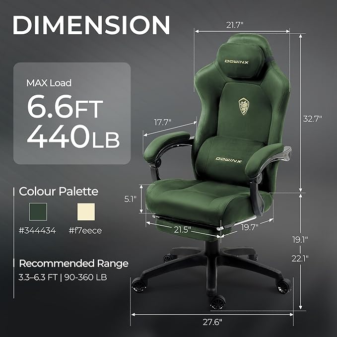 Dowinx Big and Tall Gaming Chair, Suede Fabric Game Chair with Pocket Spring Cushion, High Back Gamer Chair Ergonomic with Footrest for Adults Office, 440LBS, Green