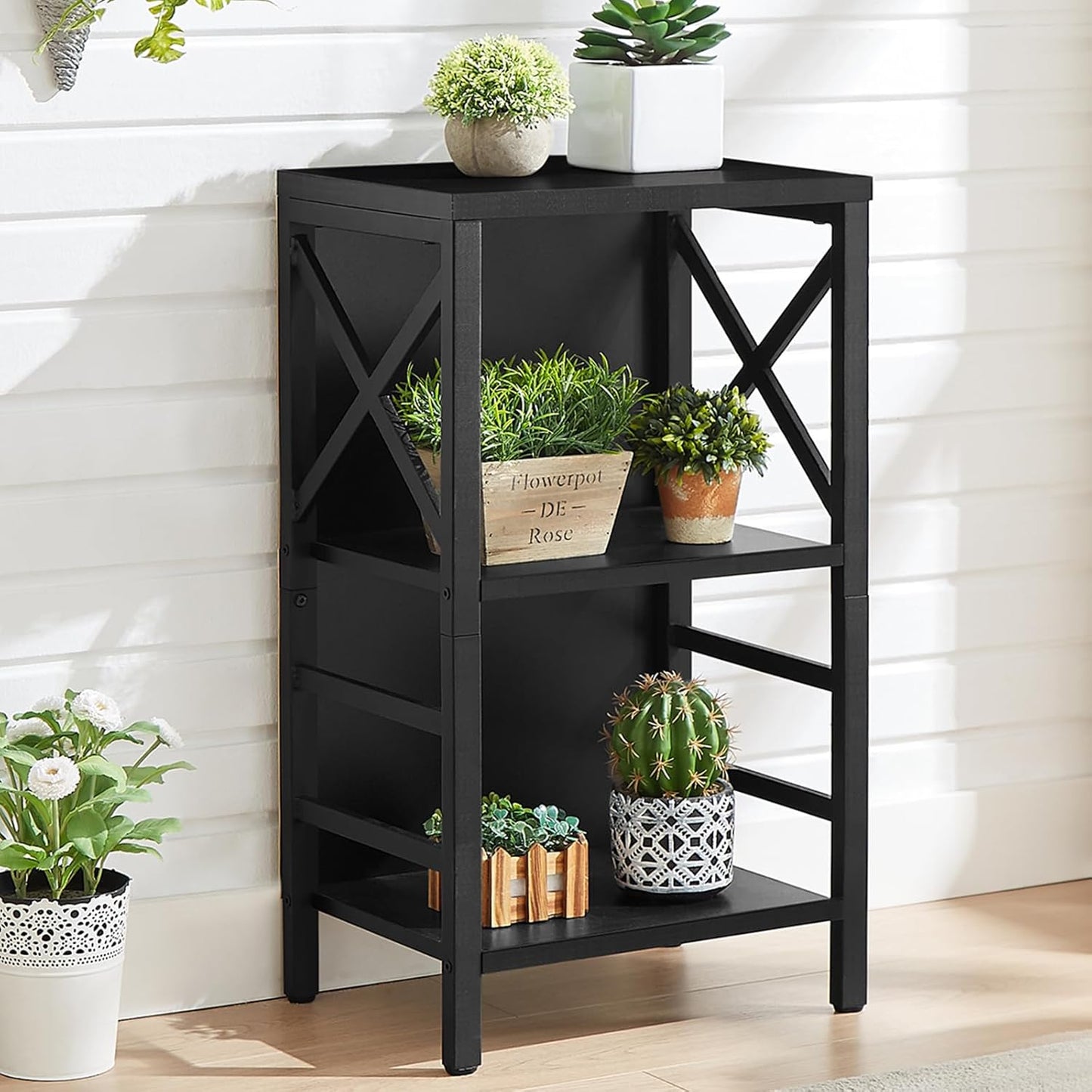 Small Bookshelf,3 Tier Industrial Bookcase with Metal Frame and Backboard,Low Black Book Shelf,Book case for Small Spaces,Living Room,Bedroom and Home Office