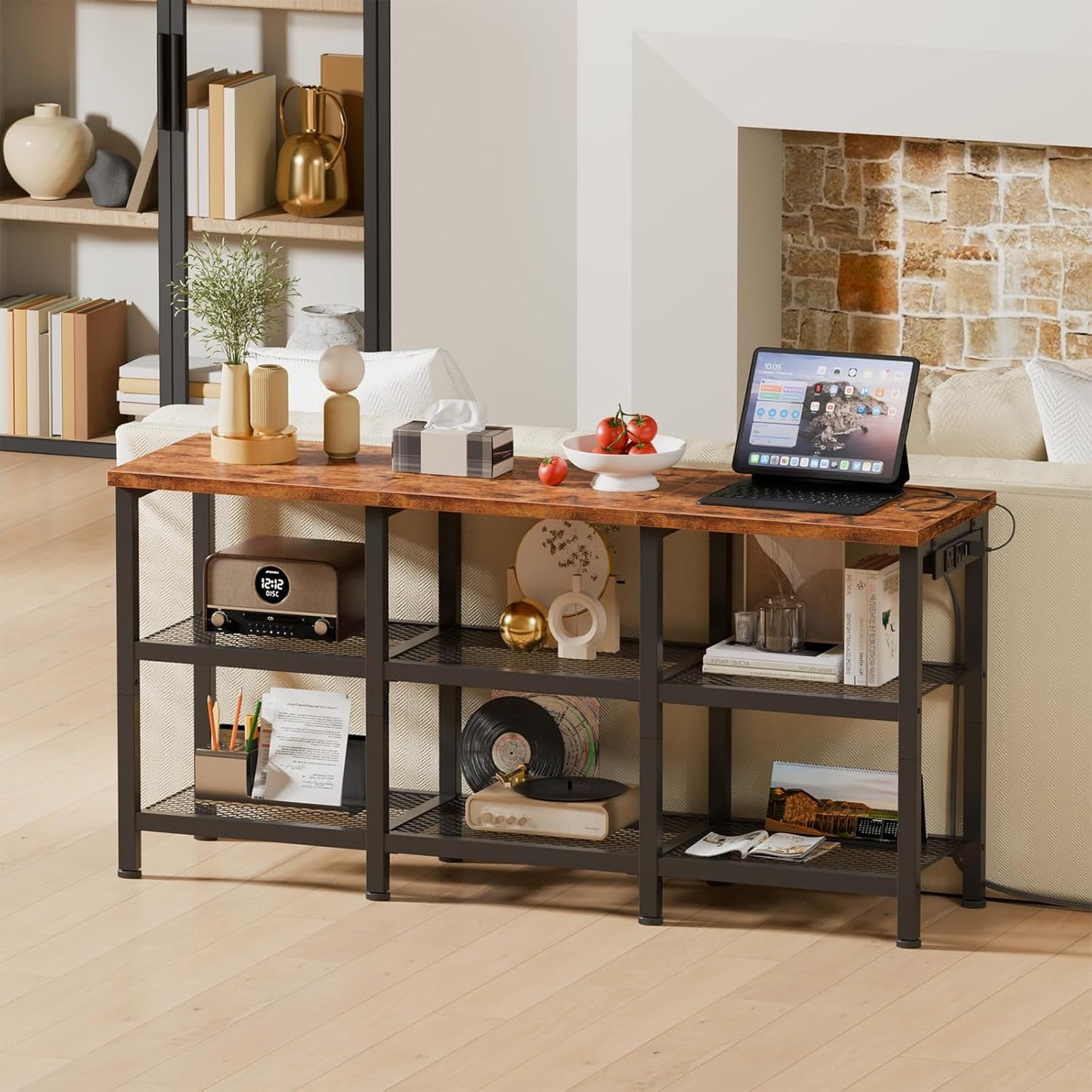 Furologee TV Stand with Power Outlets, Small Entertainment Center with Open Storage Shelves, Media Console Center for TVs up to 50 Inch, Television Stands for Living Room/Bedroom, Rustic Brown