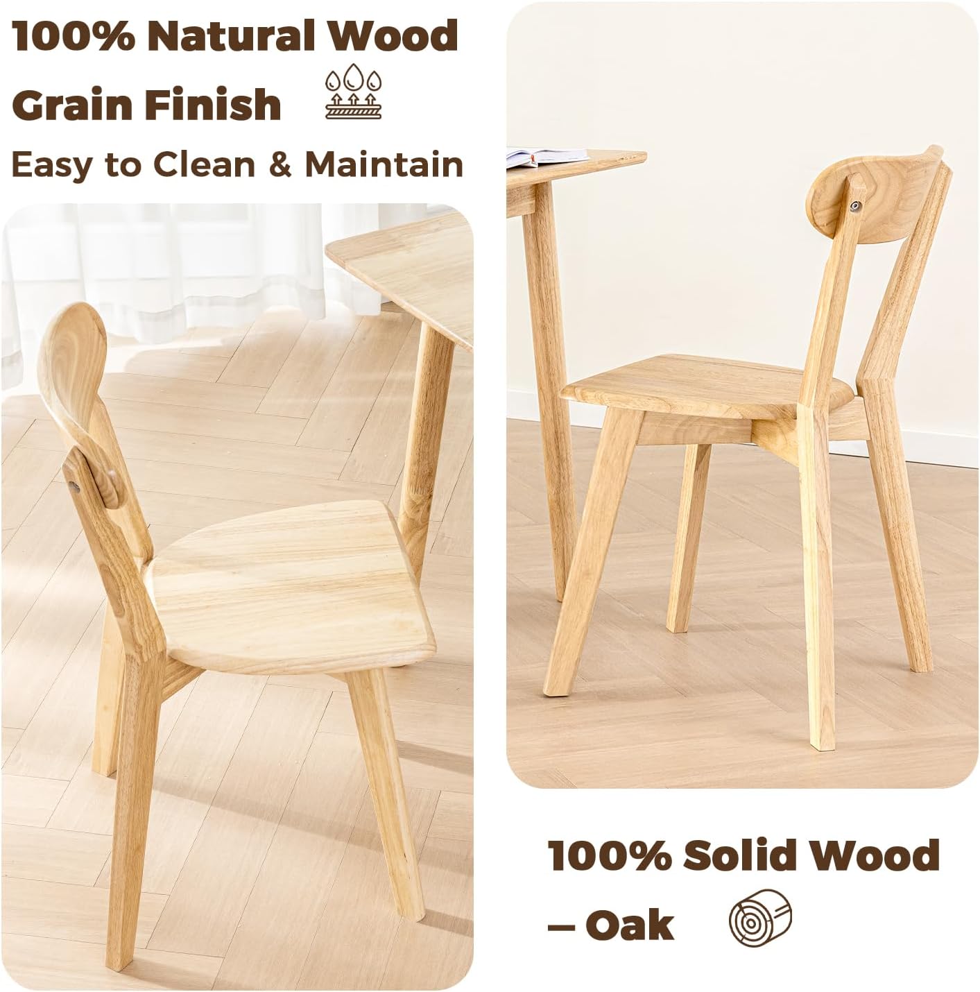 DELAVIN Soild Wood Dining Chairs Set of 2, Oak Wood Kitchen Chairs, Mid Century Modern Dining Room Chairs, Natural