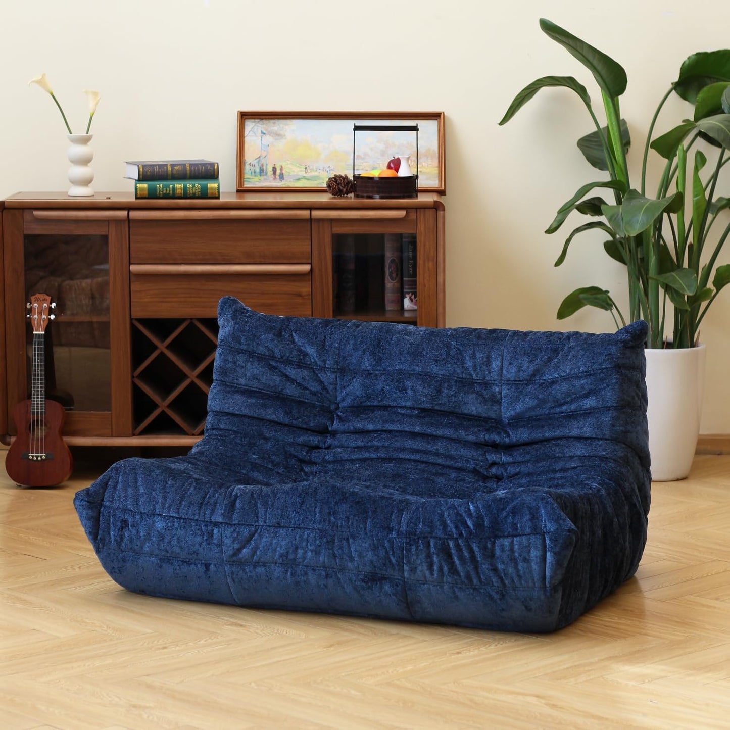 N&V Fireside Chair, Mid Century Armless Floor Sofa, Soft Premium Chenille Floor Lounge Chair, Foam Sofa Accent Chair for Living Room Bedroom and Office (Blue, Loveseat)