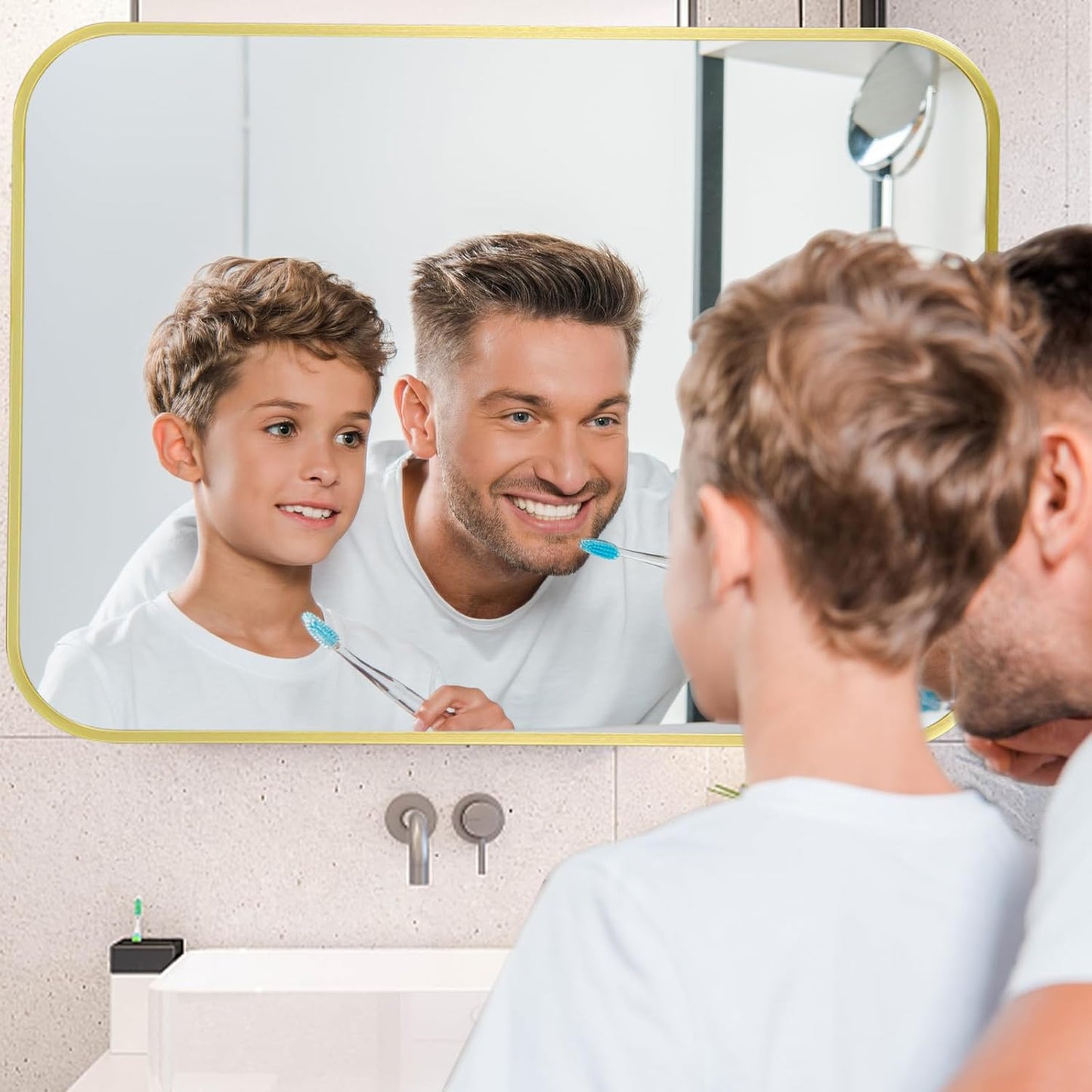 26x38 Inch Gold Mirror, Framed Rectangle Mirror with Rounded Corner, Brushed Brass Mirror, Gold Bathroom Mirror for Over Sink, Vanity, Living Room, Bedroom, Horizontal/Vertical