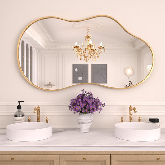 WEER Irregular Wall Mirror, 26x46 inch Gold Asymmetrical Mirror Wall Mounted Mirrors Decorative, Abstract Wavy Aluminum Alloy Frame Mirror for Bathroom, Bedroom, Living Room, Entryway