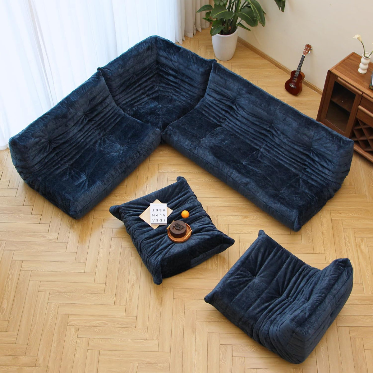 N&V Fireside Chair, Mid Century Armless Floor Sofa, Soft Premium Chenille Floor Lounge Chair, Foam Sofa Accent Chair for Living Room Bedroom and Office (Blue, Three Seater)