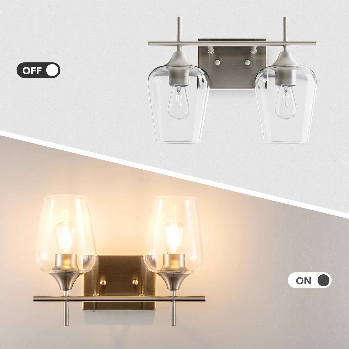 VONLUCE Bathroom Vanity Light, 2 Light Bathroom Light Fixture Over Mirror, Bathroom Wall Lamp with Clear Glass, Modern Brushed Nickel Vanity Lighting fixtures for Bathroom, Bedroom, Hallway