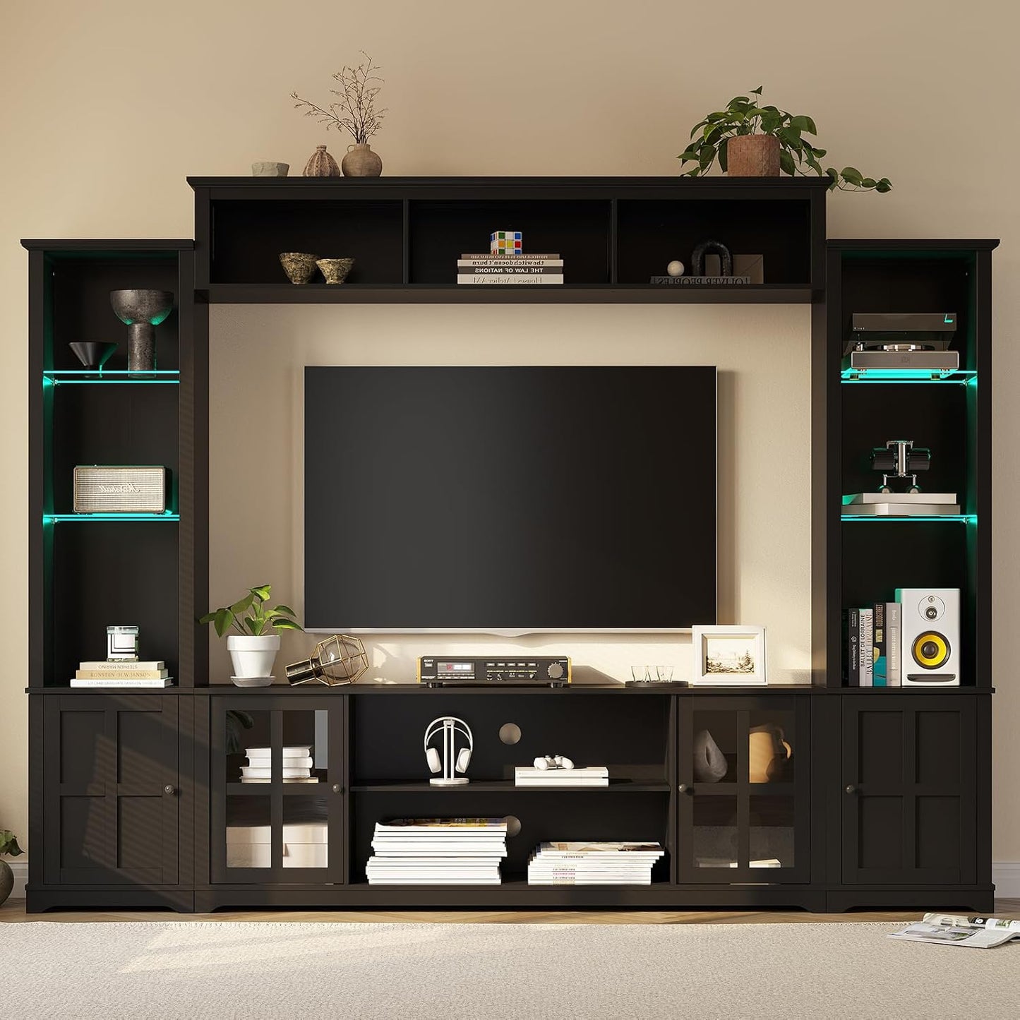 Wall Unit TV Stand with Storage & LED Lights, Large Entertainment Center with Bookshelves for TVs up to 75", Media Console for Living Room, Black