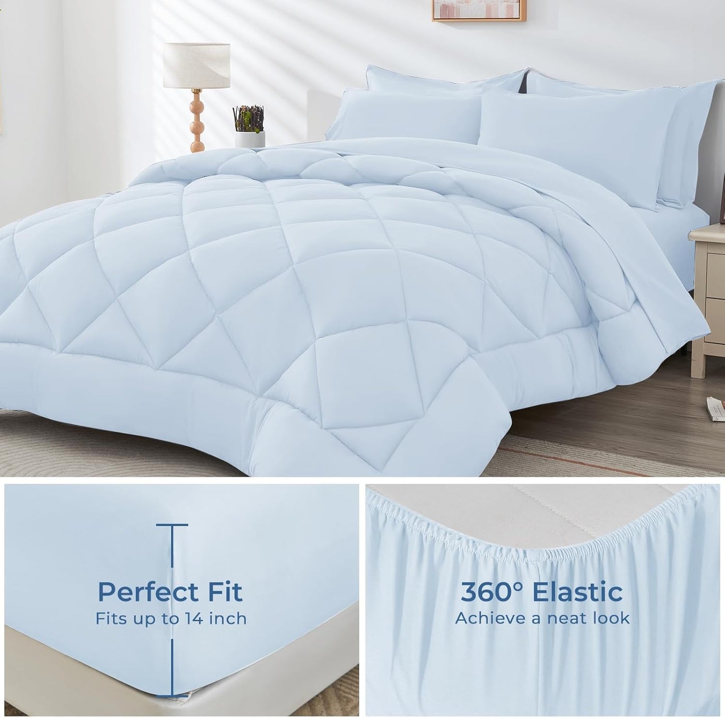HEVUMYI Light Blue Twin-XL Comforter Set - 5-Piece All Season Bed in a Bag Twin-XL, Ultra Soft Bedding Set with Comforter, Flat Sheet, Fitted Sheet, Pillowcases, Pillow Shams