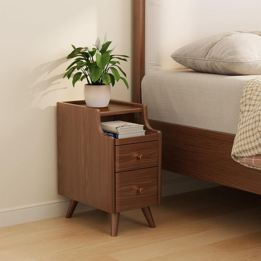 Small Nightstand with Drawers, Solid Wood Bedside Table, Narrow Walnut Nightstand for Bedroom