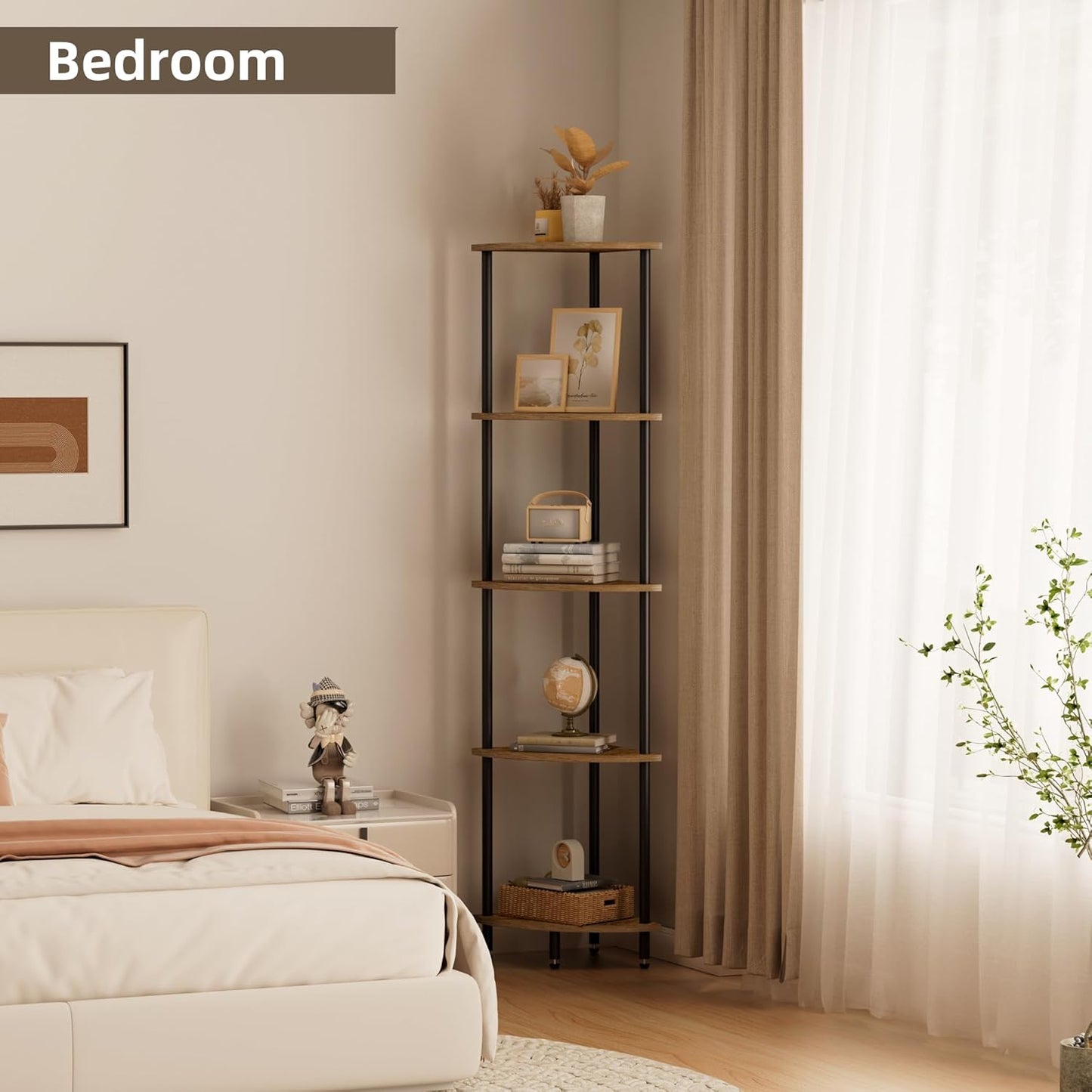 5 Tier Corner Shelf, Bookcase for Small Spaces, Corner Display Shelf, Plant Stand, Rustic Brown and Black,Suitable for Bedroom,Living Room,Kitchen