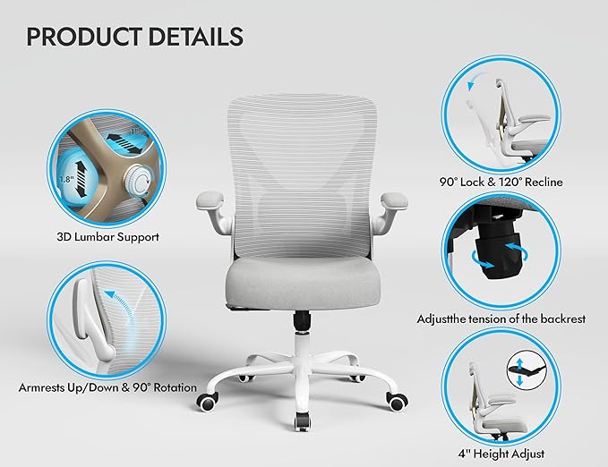 Ergonomic Office Chair with Lumbar Support - Adjustable Computer Desk Chairs for Home Office, Gaming, and Work - Comfortable and Supportive Desk Chairs for Adults(Grey Gold)