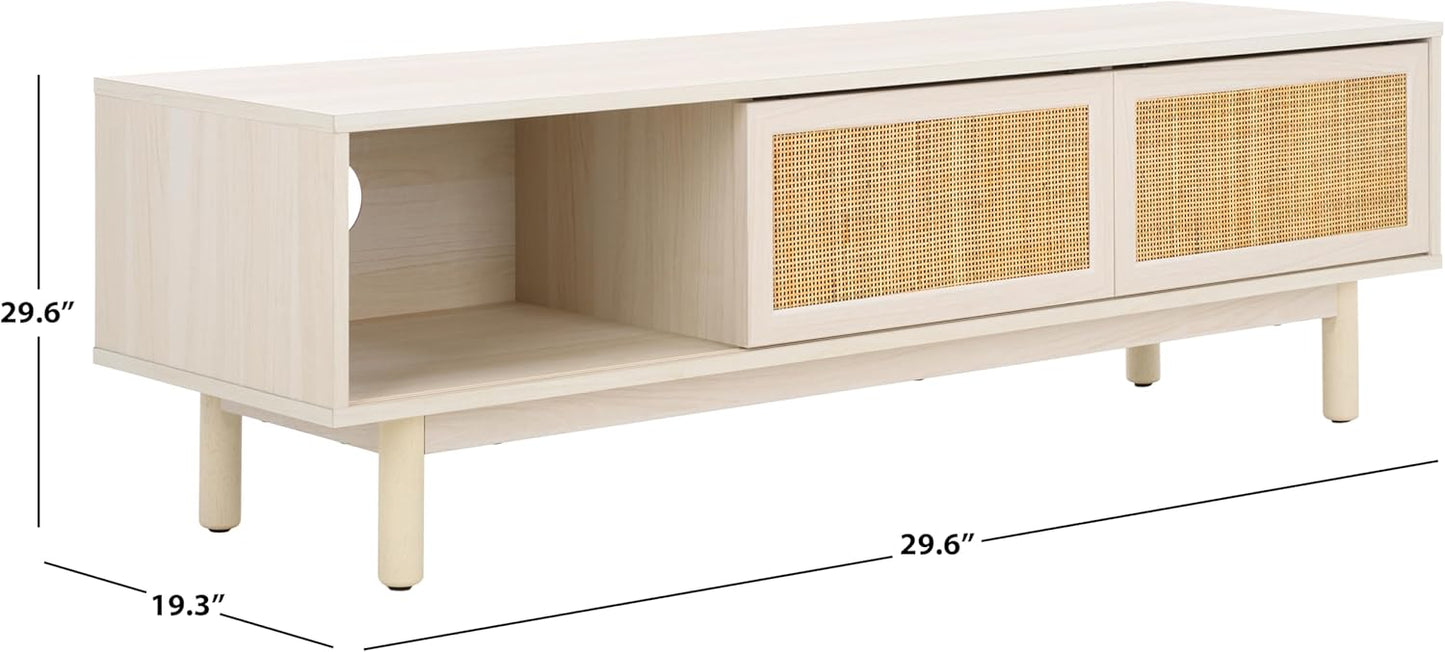 SAFAVIEH Aino TV Stand for up to 60" Flatscreen – Bleached White & Natural Rattan, 2 Sliding Doors with Interior Storage, 1 Open Shelf, Entertainment Media Console (MED9619C)