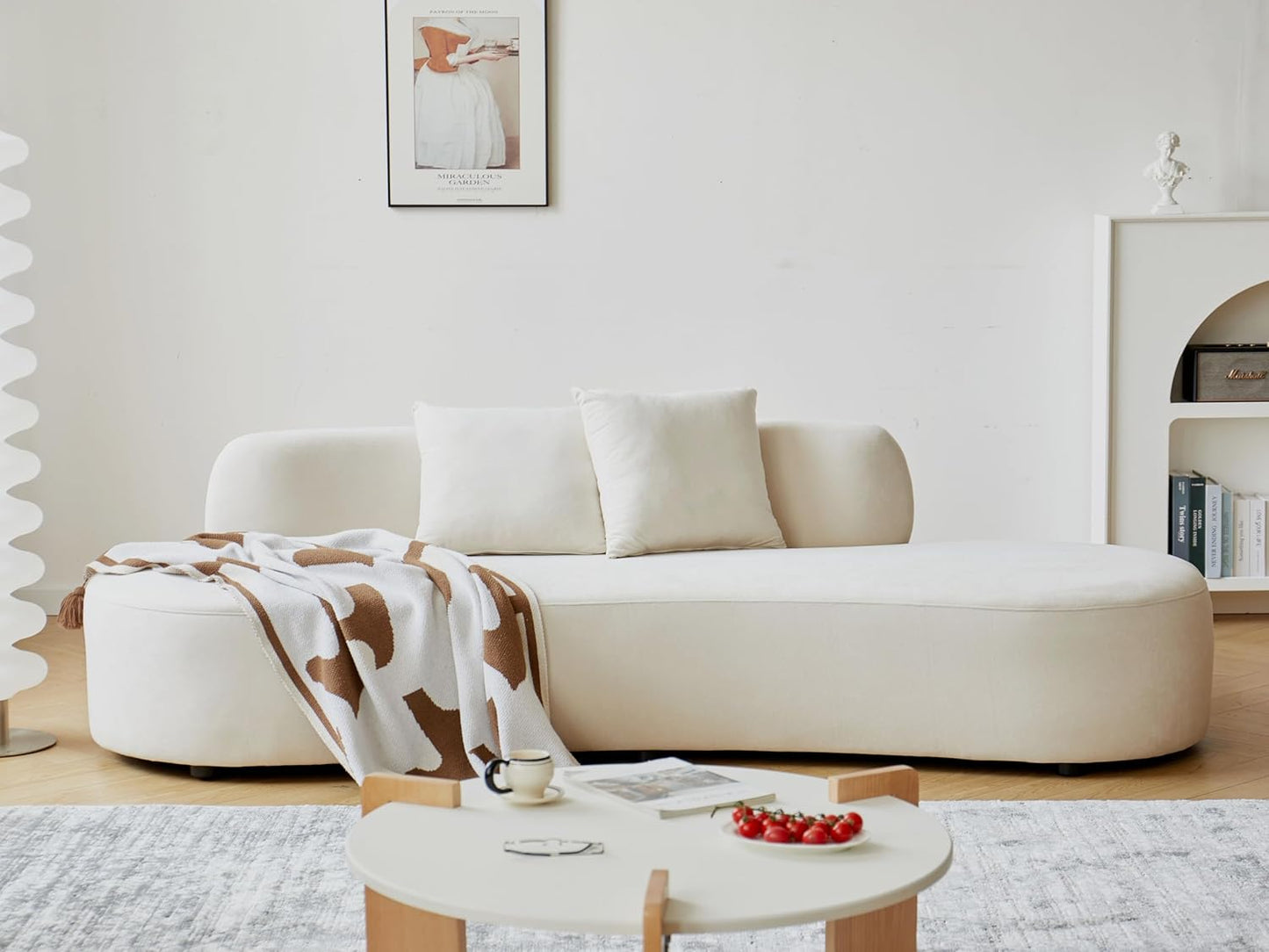 Container Furniture Direct 90" Curved Sofa with Throw Pillows, 4 Seater Luxury Velvet Couch with Half Moon Design and High-Density Foam, Ideal for Modern Living Room, Office & Apartment, Ivory White