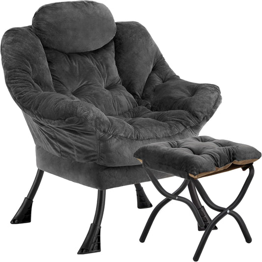 Lazy Chair with Folding Ottoman,Leisure Sofa Chair,Soft Fabric Armchair with Armrests and Side Pockets, Reading Chair with Footrest for Living Room, Bedroom, Office (Plush Dark Grey)