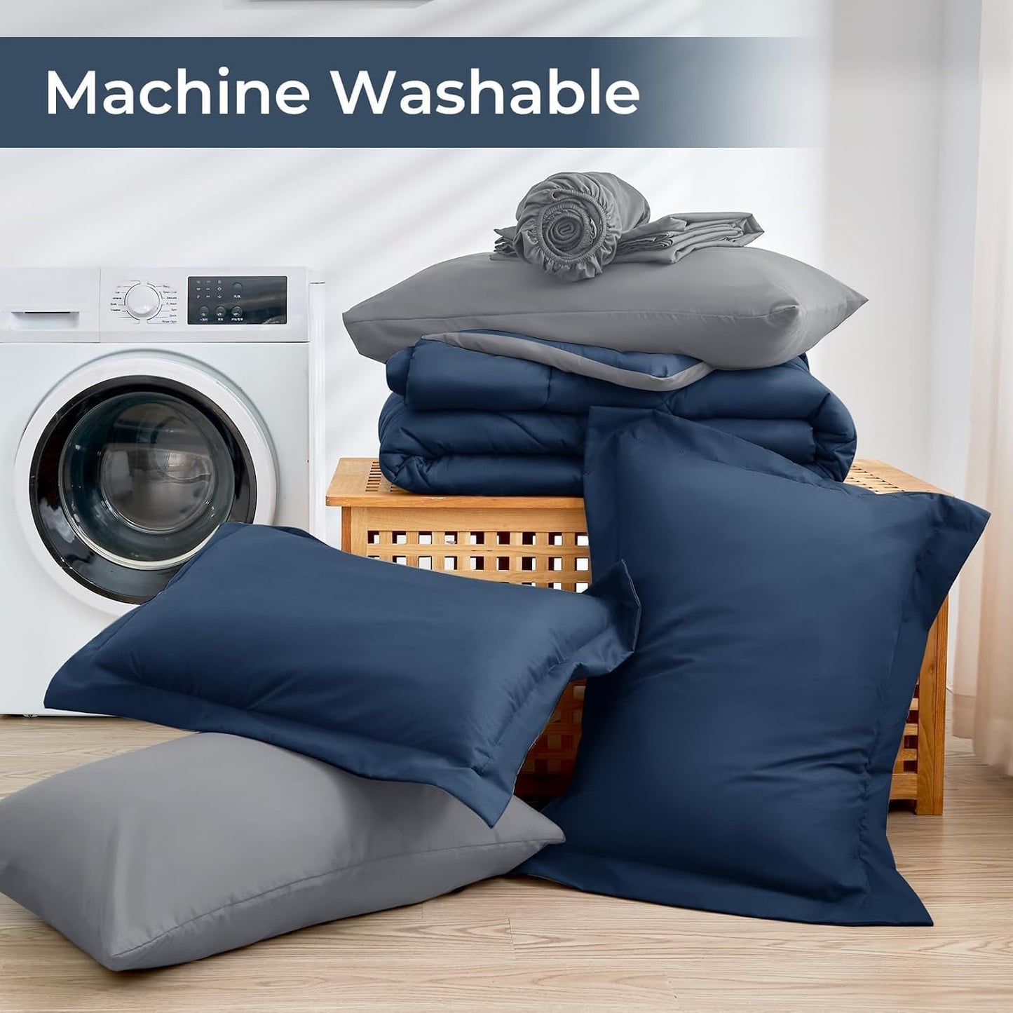 HEVUMYI Queen Comforter Set - 7-Piece All Season Bed in a Bag Queen, Ultra Soft Bedding Set with Comforter, Flat Sheet, Fitted Sheet, Pillowcases, Pillow Shams, Navy Blue & Light Grey