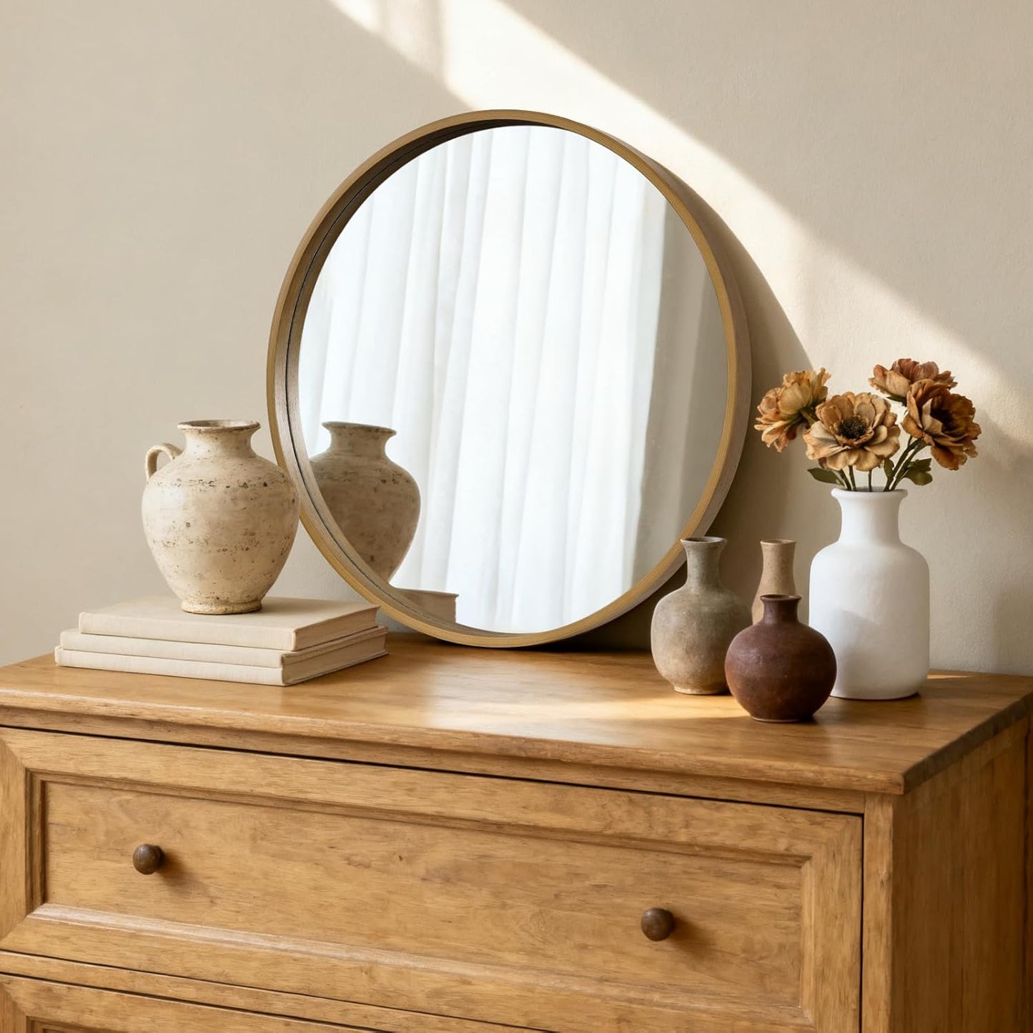 HOMECOOKIN Round Wood Mirror 24 inch Circle Wall Mirror for Bathroom, Vanity, Entryway, Living Room Decor, Natural Wood Accent Mirror